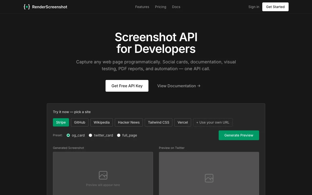 The RenderScreenshot homepage hero at 1280 by 800 pixels: headline, two buttons and the try-it panel