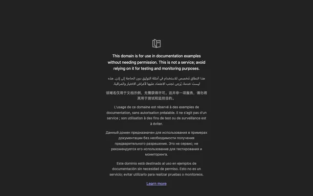 example.com rendered by Chrome headless CLI with a dark background because macOS was in dark mode