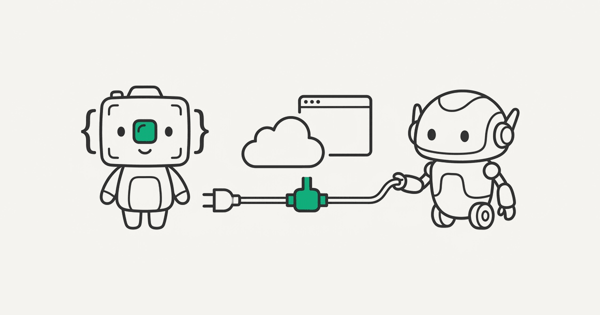 Line illustration of the RenderScreenshot mascot connected by a cable to an AI agent robot