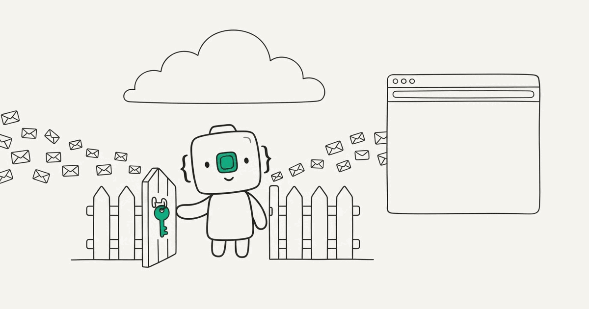 Line illustration of the RenderScreenshot mascot guarding a gate under a cloud where requests pass to a browser