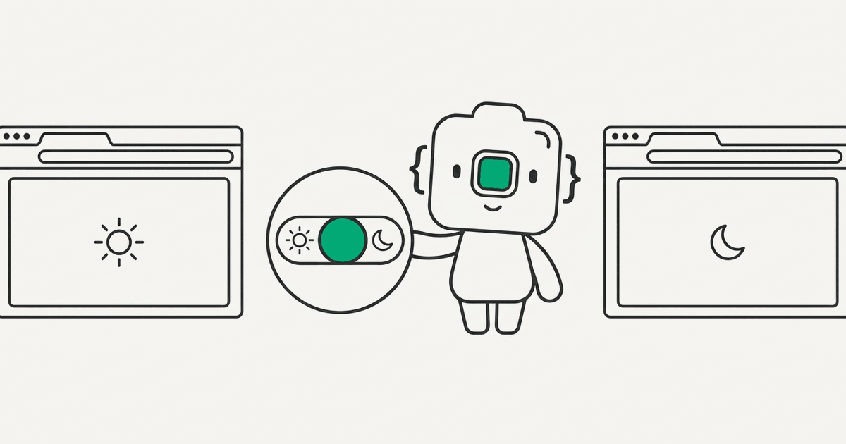 Line illustration of the RenderScreenshot mascot holding a light and dark mode toggle between two browsers