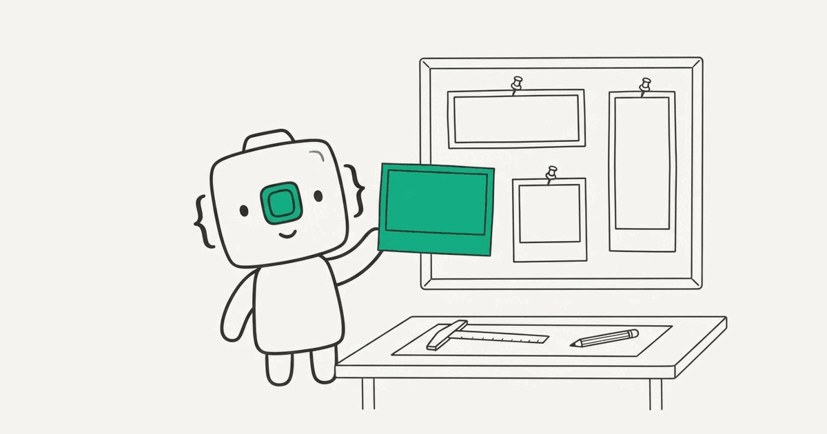 Line illustration of the RenderScreenshot mascot choosing between frames of different sizes pinned on a board