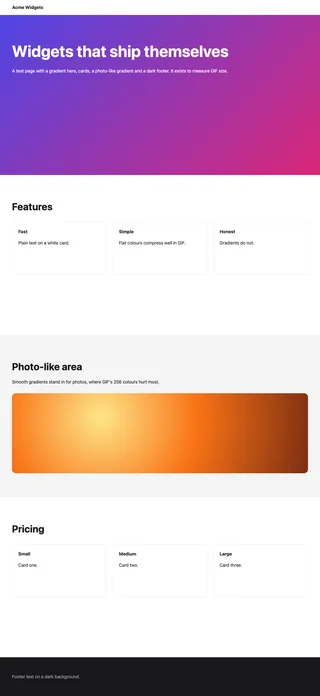 Full-page capture of a test landing page: the sticky navigation bar appears once at the top, followed by a purple hero, feature cards, an orange gradient block, pricing cards and a dark footer