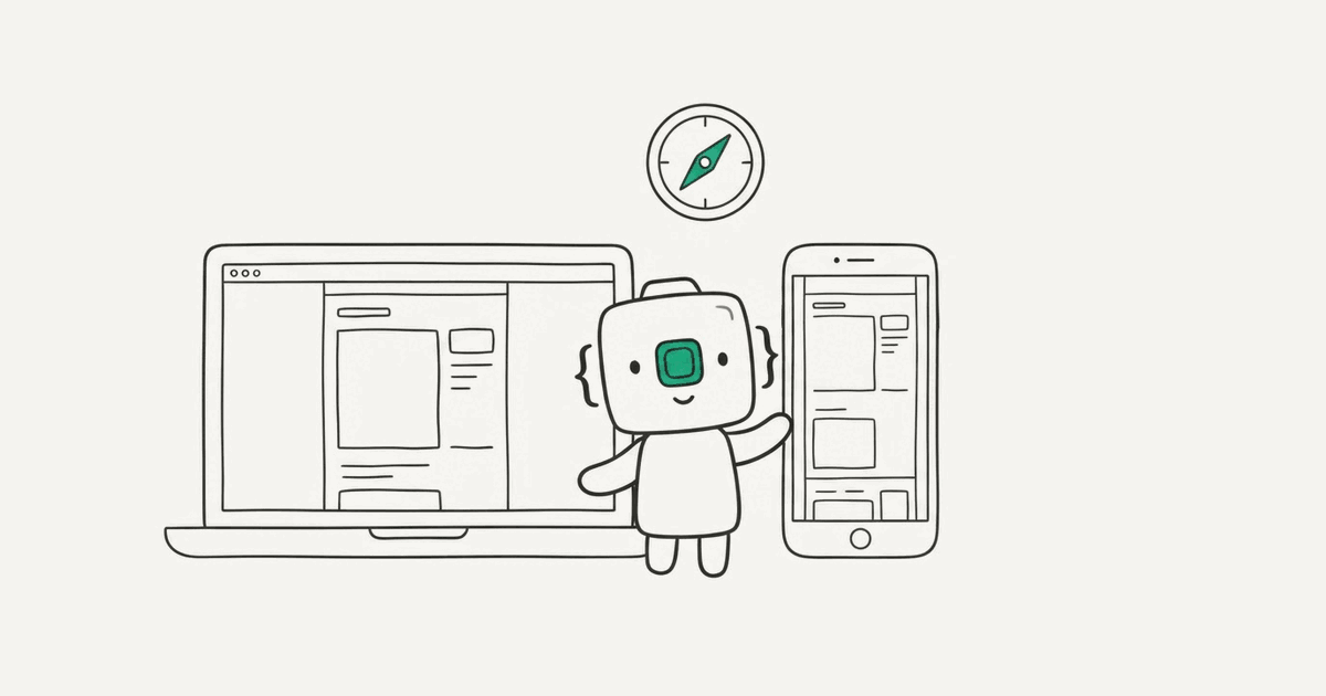 Line illustration of the RenderScreenshot mascot between a laptop and a phone with a compass icon above