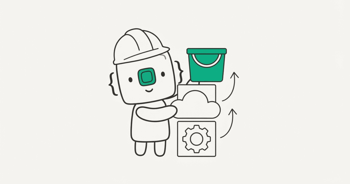 Line illustration of the RenderScreenshot mascot in a hard hat stacking blocks for a gear, a cloud and a storage bucket