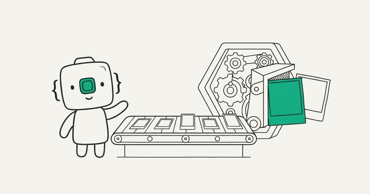 Line illustration of the RenderScreenshot mascot at a conveyor belt turning templates into pictures