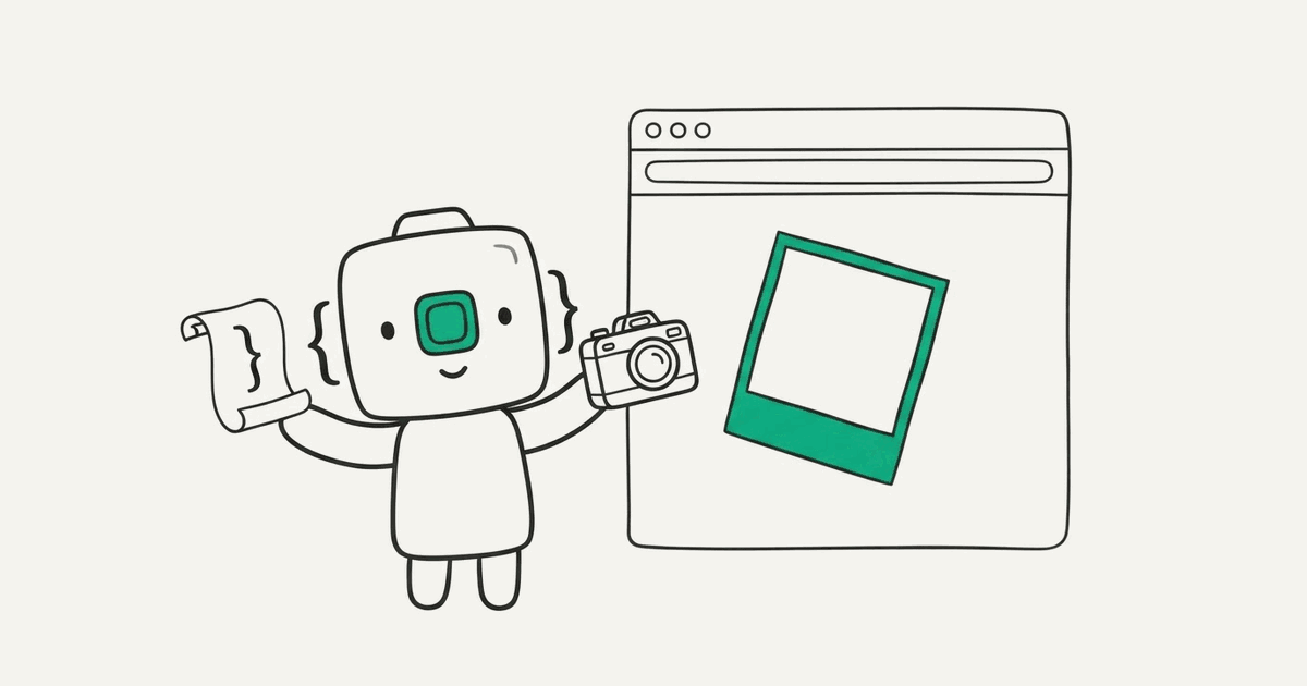 Line illustration of the RenderScreenshot mascot using a script and a camera to capture a browser window