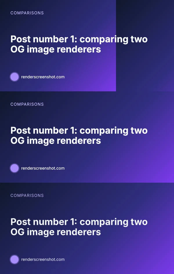 Three OG cards stacked. Top, node-html-to-image with default settings: the purple gradient restarts two thirds of the way across, leaving a visible vertical seam. Middle, node-html-to-image with a 1200x630 viewport: a smooth gradient. Bottom, satori: a smooth gradient and the same text layout.