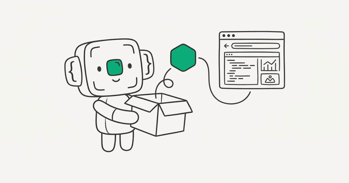 Line illustration of the RenderScreenshot mascot unboxing a Node.js module connected to a browser