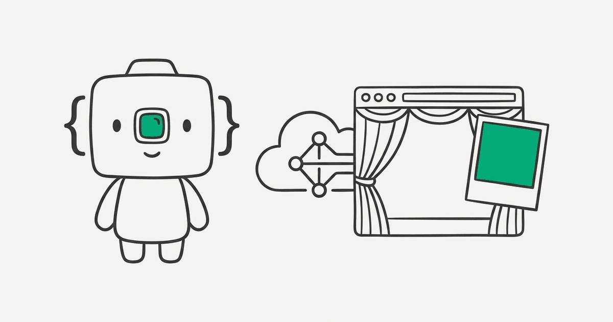 Line illustration of the RenderScreenshot mascot with an edge cloud and a theatre-curtain browser snapshot