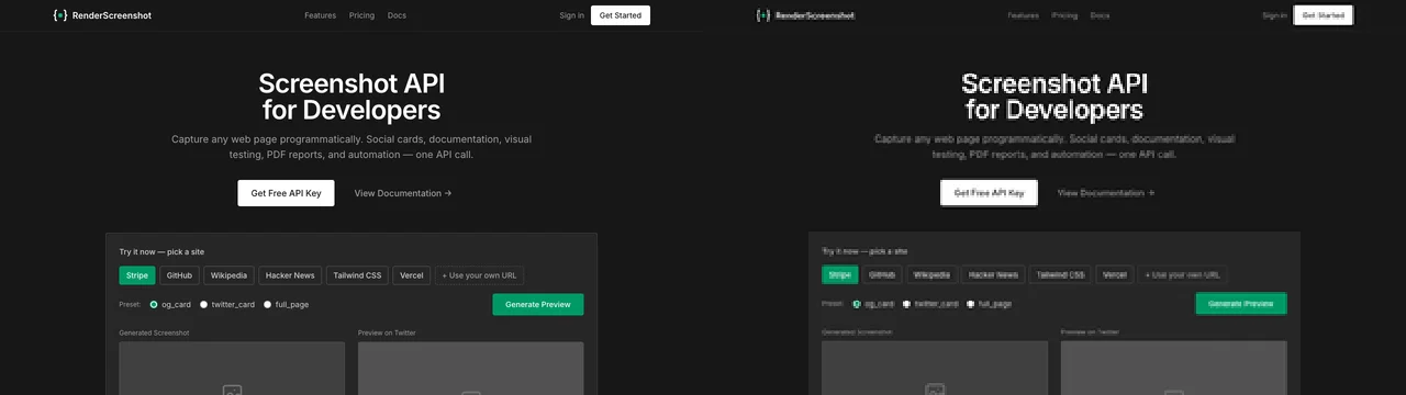 Left: the top of our homepage at full resolution, with sharp headline and buttons. Right: the same area after a 1280x5657 full-page capture is scaled to fit a 1568-pixel long edge, enlarged for comparison; small text is blocky and hard to read
