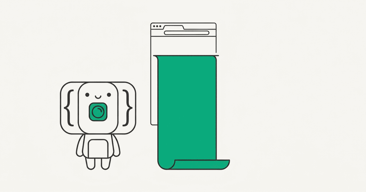 Line illustration of the RenderScreenshot mascot beside a tall browser unrolling a long full-page screenshot