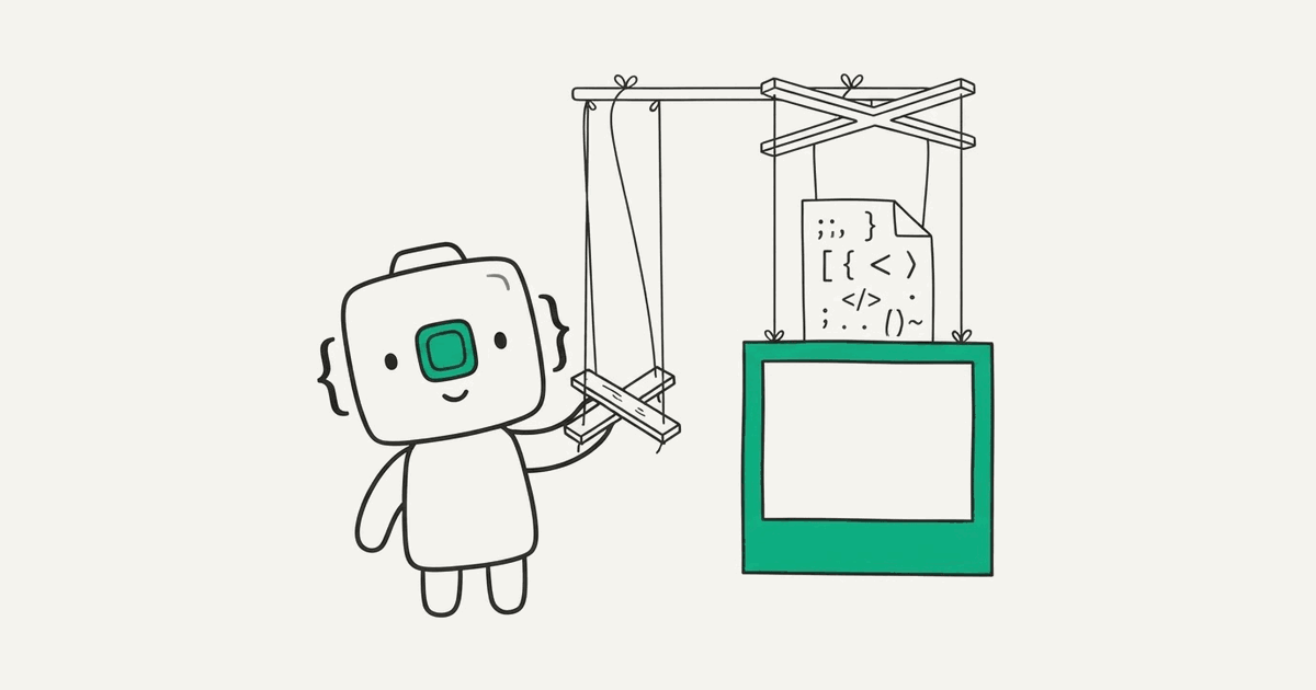 Line illustration of the RenderScreenshot mascot using a puppet controller to turn code into a picture