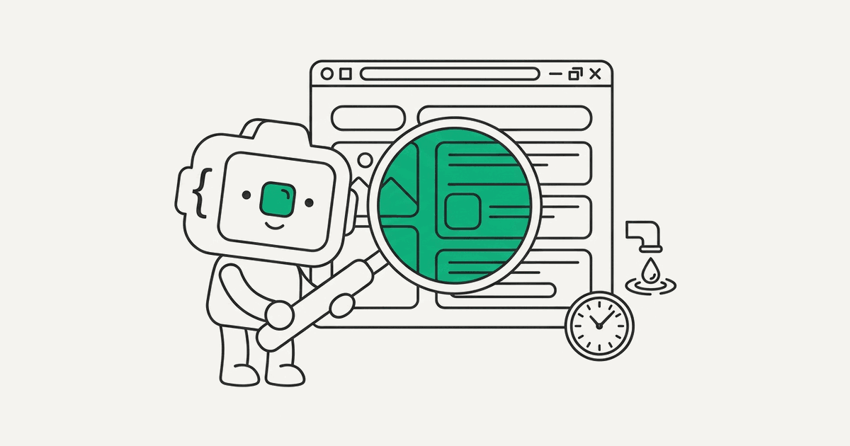 Line illustration of the RenderScreenshot mascot inspecting a browser with a magnifying glass, clock, and leak