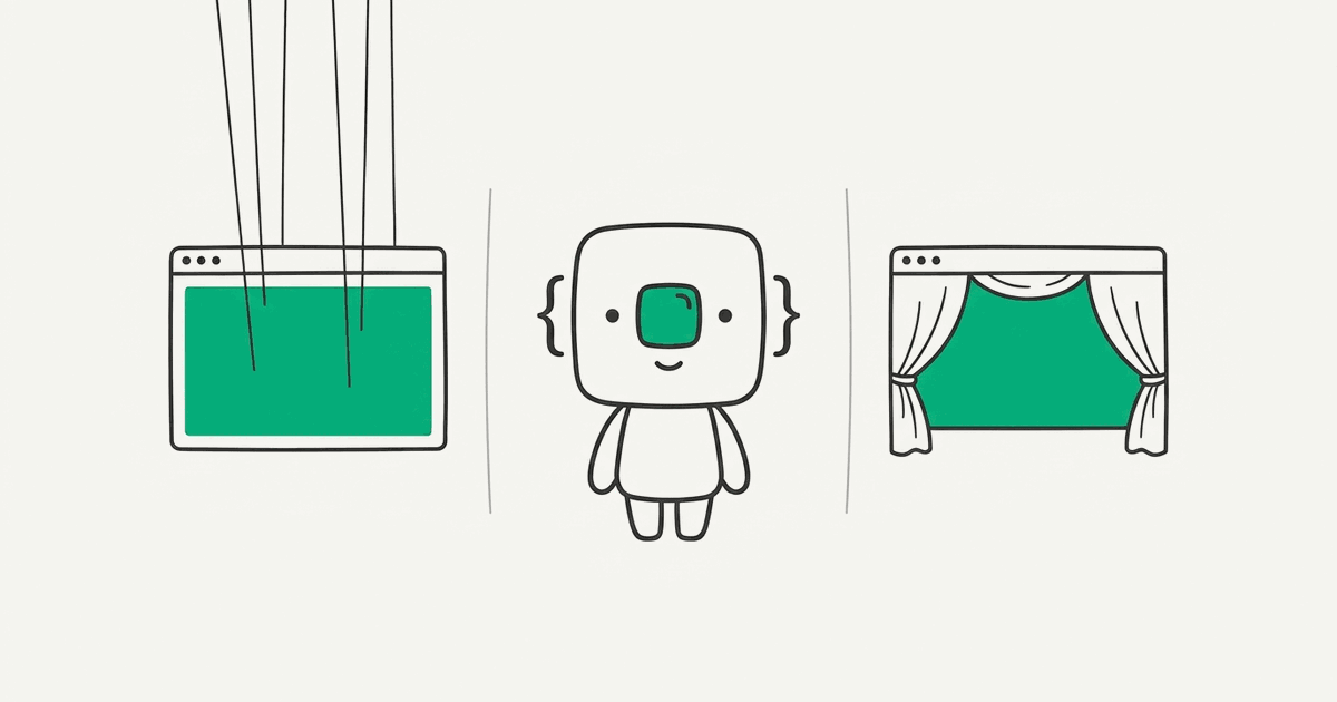 Line illustration of the RenderScreenshot mascot between a puppeteer-string browser and a theatre-curtain browser