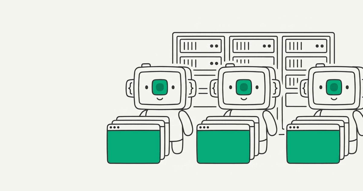 Line illustration of three RenderScreenshot mascots tending stacks of browsers on a server rack