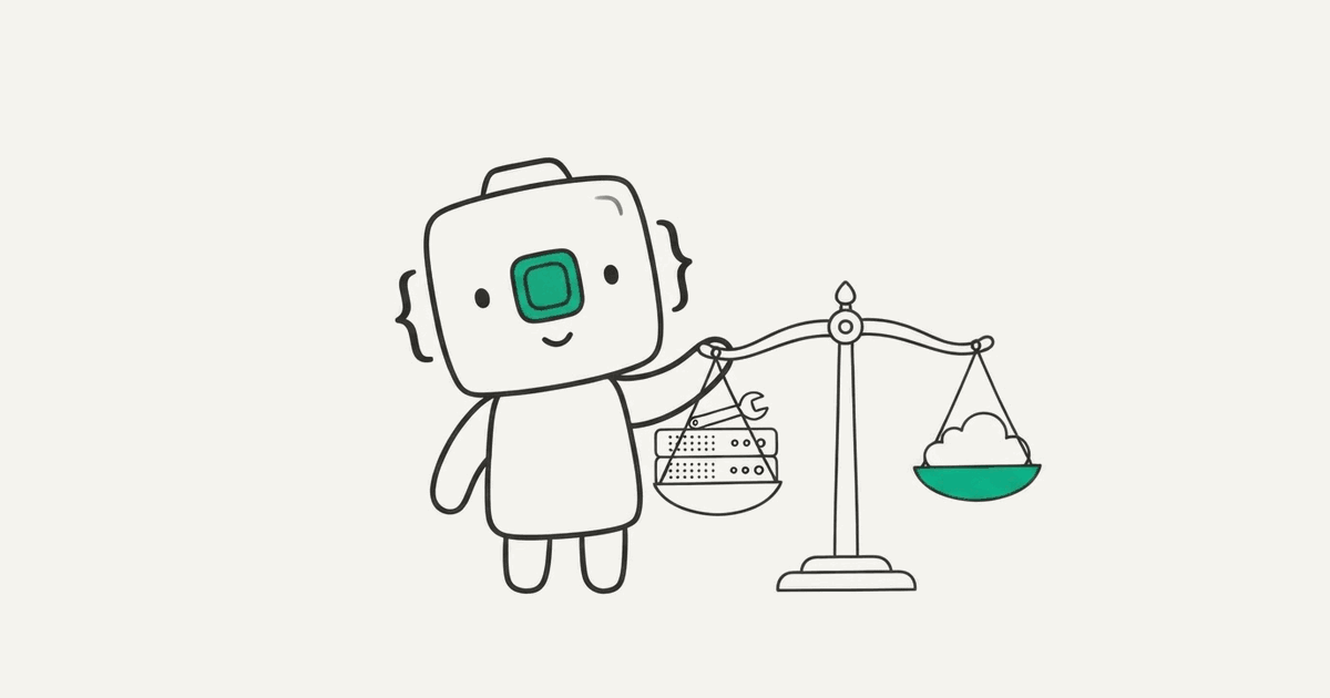 Line illustration of the RenderScreenshot mascot weighing a server rack against a cloud