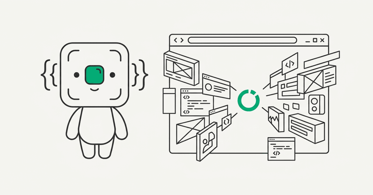Line illustration of the RenderScreenshot mascot watching a single-page app assemble with a loading spinner