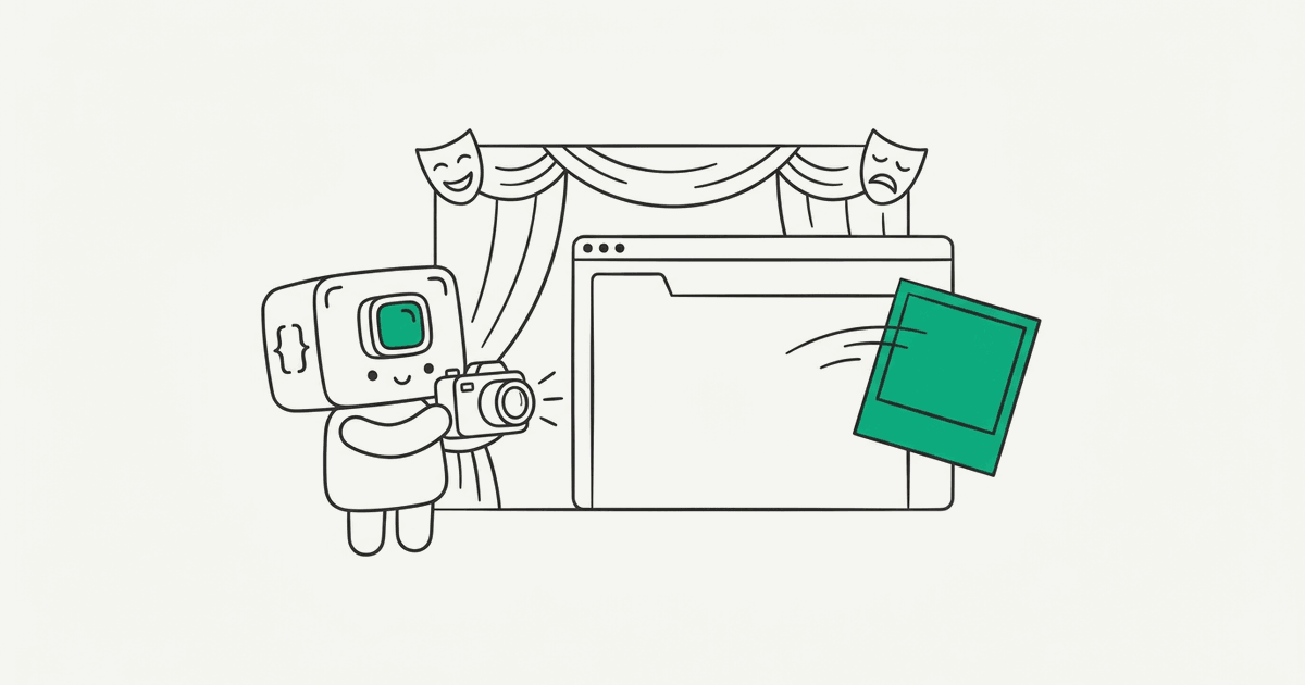 Line illustration of the RenderScreenshot mascot capturing a browser framed by a theatre curtain
