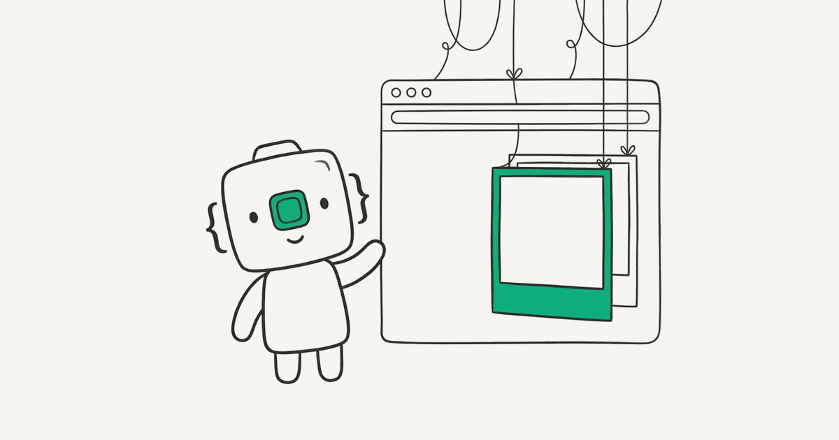 Line illustration of the RenderScreenshot mascot capturing a screenshot from a browser on puppeteer strings