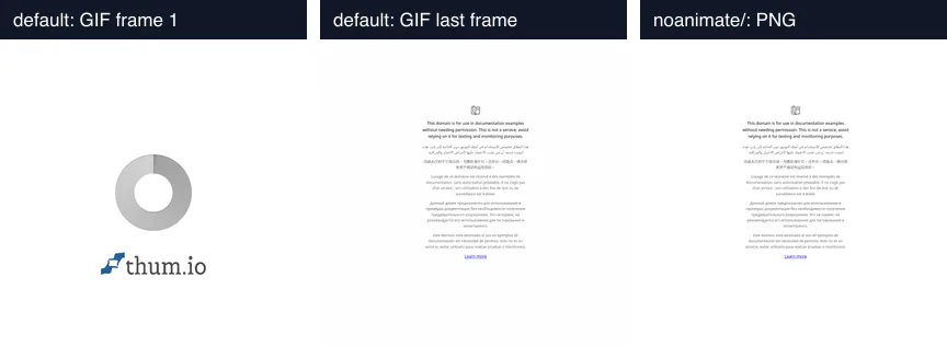 Three 600 px thum.io outputs for example.com: the first GIF frame shows a grey loading ring and the thum.io logo, the last GIF frame shows the page, and the noanimate PNG shows the page