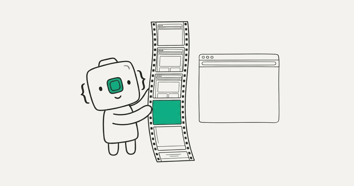 Line illustration of the RenderScreenshot mascot holding a film strip of a scrolling web page