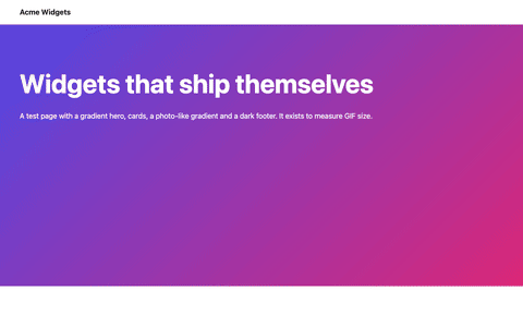 Animated GIF of a test landing page scrolling from a purple gradient hero down through feature cards, an orange photo-like gradient and a dark footer
