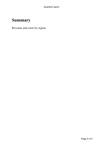 PDF page 2, A5 portrait: the running header Quarterly report centered at the top, the heading Summary, and Page 2 of 4 at the bottom right