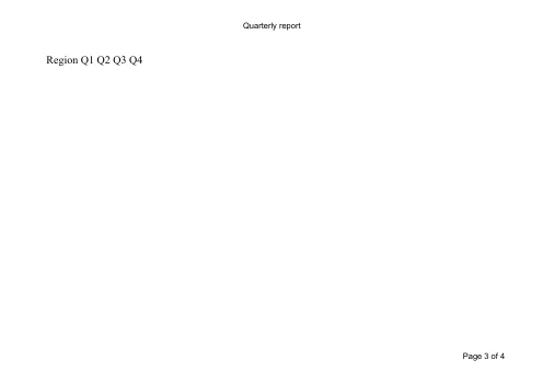 PDF page 3, A5 landscape: the running header Quarterly report, a one-row table with Region and Q1 to Q4, and Page 3 of 4