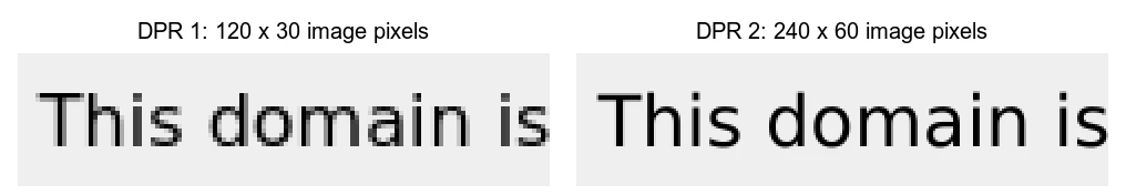 Two zoomed crops of the words This domain is. The left crop, at DPR 1, is 120 by 30 image pixels and the letter edges are visibly stepped. The right crop, at DPR 2, is 240 by 60 image pixels and the letters are smooth.