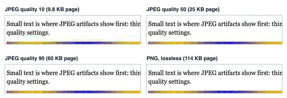 The same line of serif text cropped from four captures and enlarged two times. At JPEG quality 10 the letters have grey blocks and halos. At quality 50 faint noise remains around the strokes. At quality 90 and in the PNG the text looks clean.