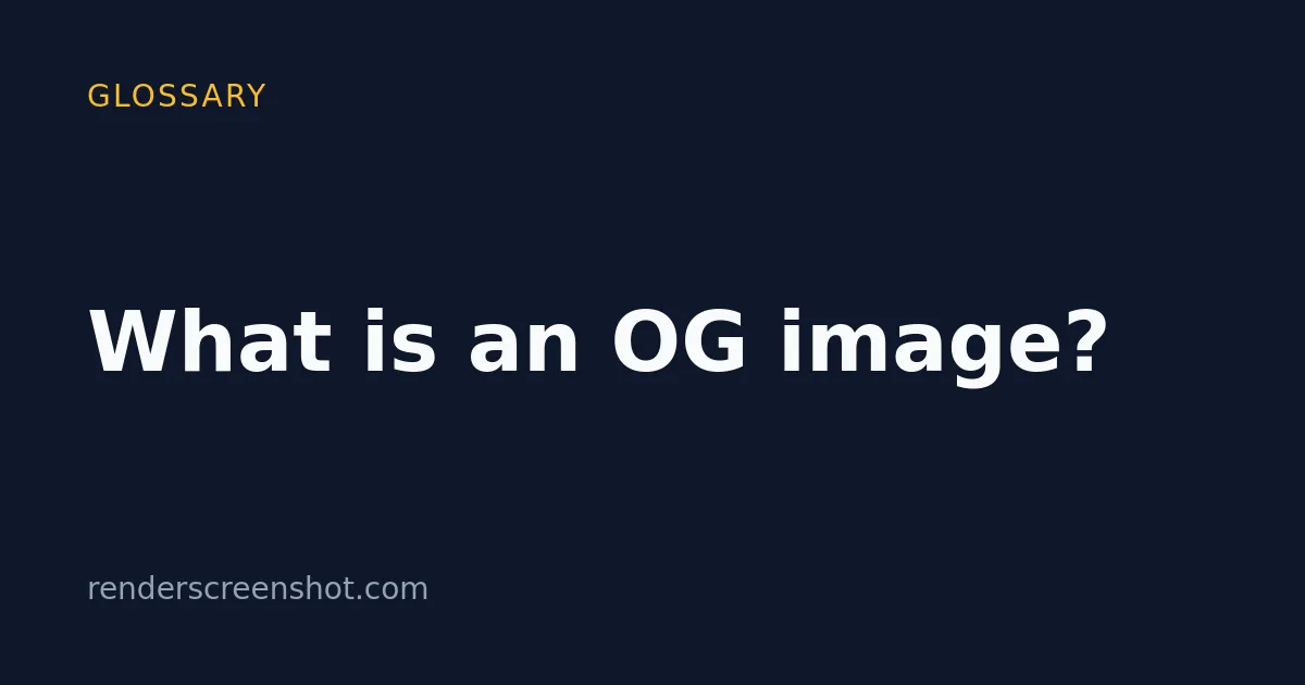 A dark blue 1200 by 630 card with a small yellow GLOSSARY label at the top left, the large white headline What is an OG image? in the middle, and renderscreenshot.com in grey at the bottom left.