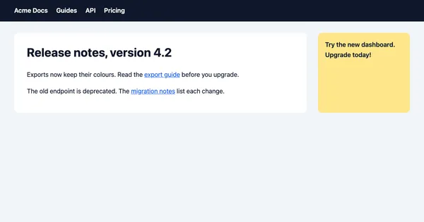 The release notes page in screen media: dark navigation bar on top, the article in a white card, and a yellow box on the right that says Try the new dashboard