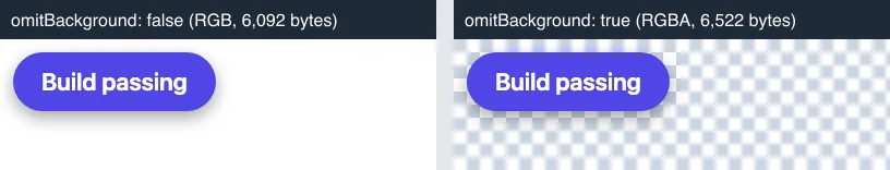 Two captures of a purple Build passing badge placed over a grey checkerboard. In the left capture the checkerboard is hidden by a solid white rectangle. In the right capture the checkerboard shows all around the badge and through the soft edge of its shadow.