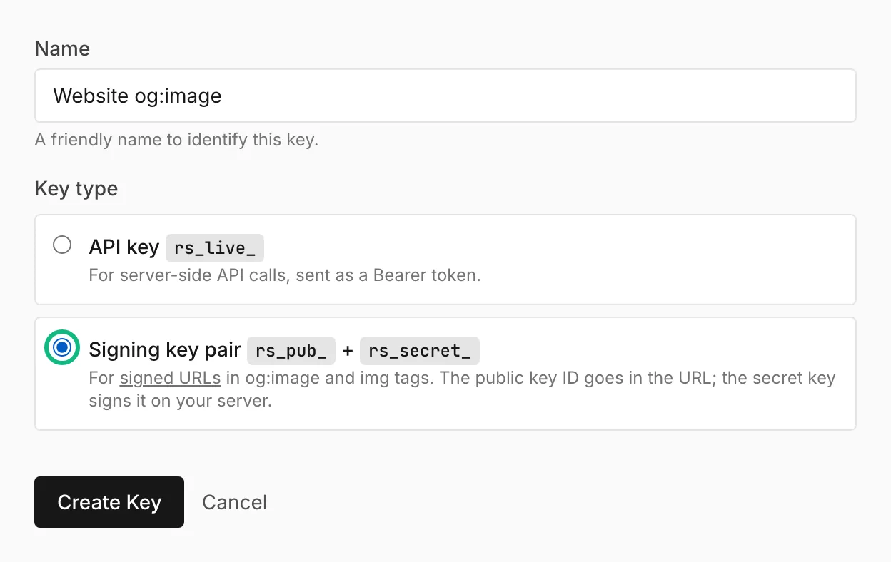 The Create API Key form with the name Website og:image and Signing key pair selected