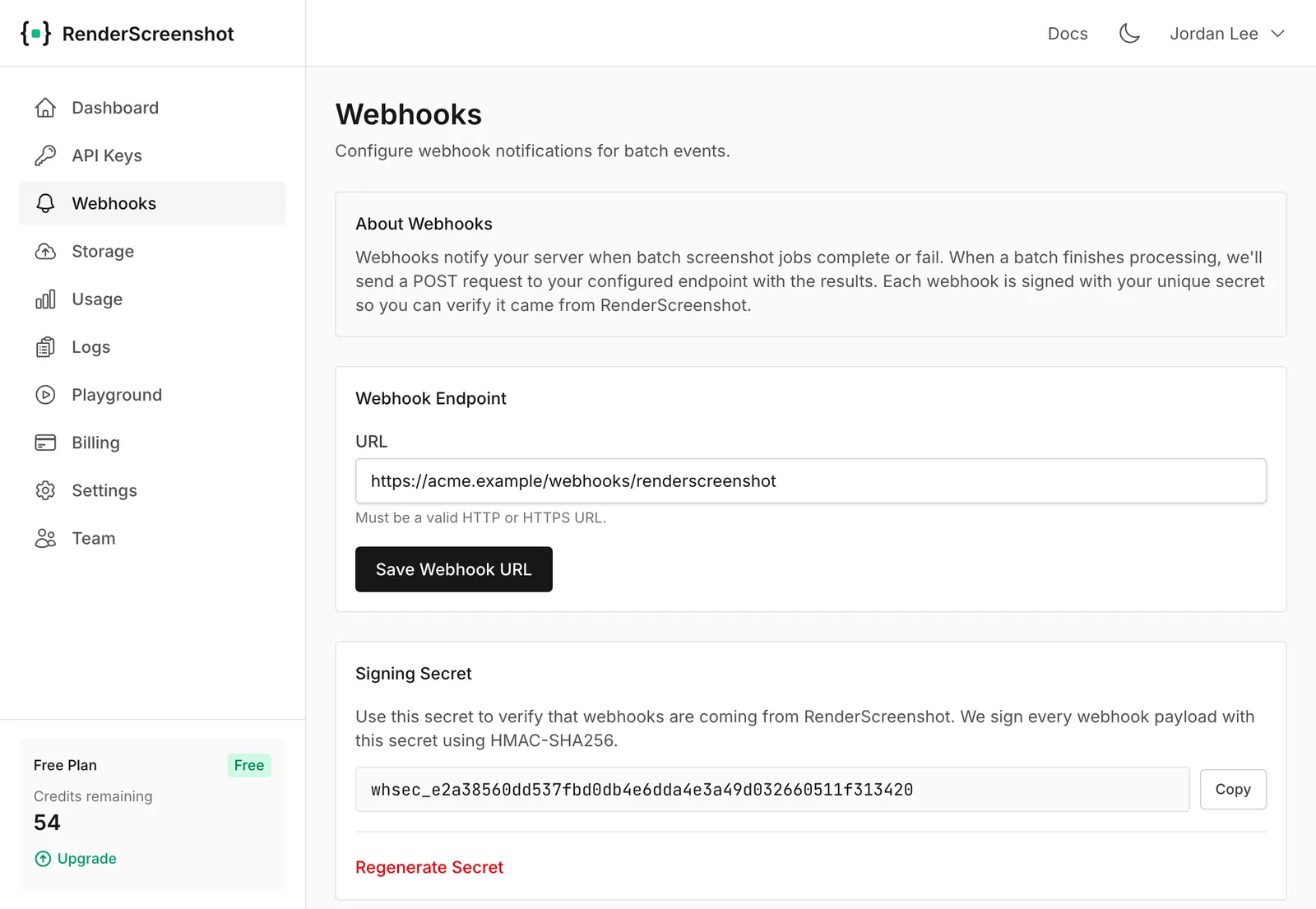 The Webhooks page in the dashboard with the endpoint URL and the signing secret