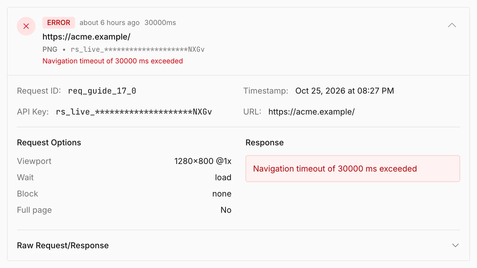 A failed request in Logs, expanded, with the error message Navigation timeout of 30000 ms exceeded