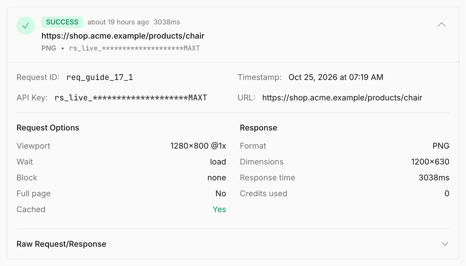 A successful request in Logs, expanded, with its request ID, options, response time and credits used