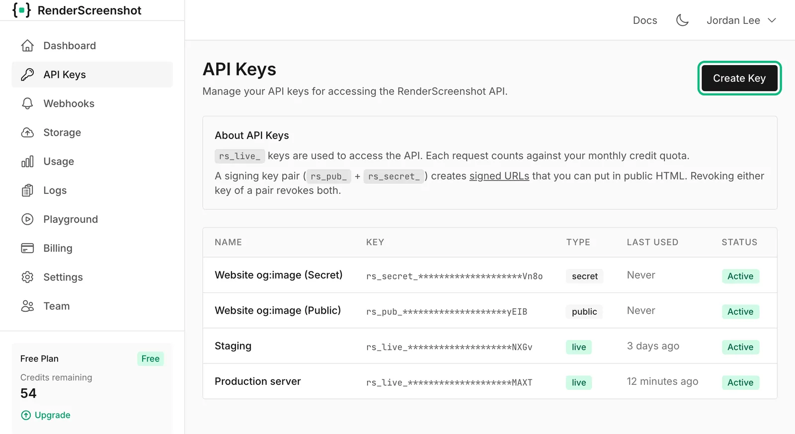 The API Keys page in the dashboard, with the Create Key button outlined