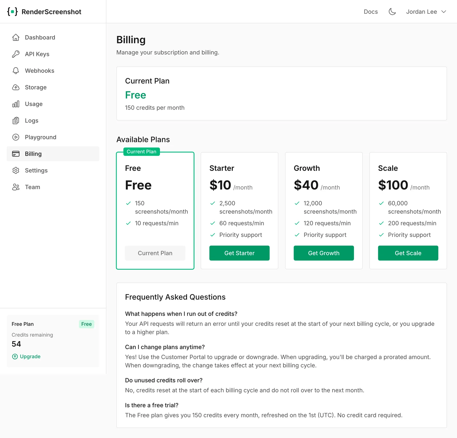 The Billing page with the current Free plan and the Starter, Growth and Scale plans with their buttons